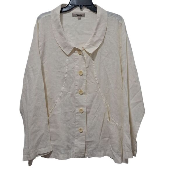 Flax Linen Azalea Carper Lightweight Jacket Minimalist Button Down Cream Large - Picture 3 of 16